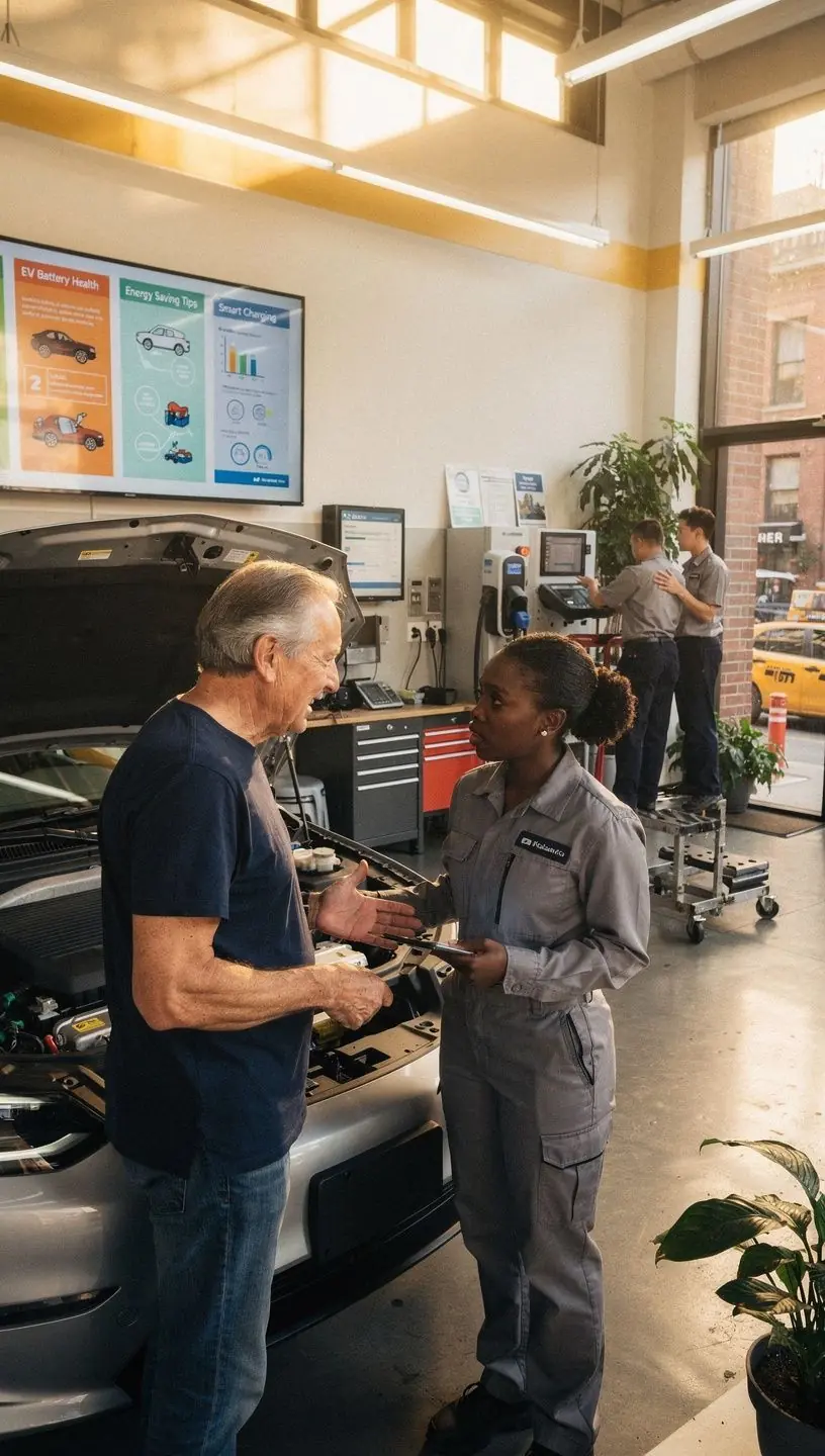 Mechanic explaining battery health and maintenance tips to a customer in a professional workshop setting.
